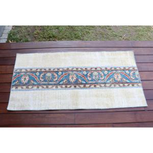 Alfombra Turca Vintage, Alfombra de 1.8x3.8 pies, Alfombra Azul con Rayas Pequeñas - Product Image 1