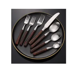 Steel Cutlery Flatware Spoon Fork Knife Set With Wooden Handle Table Dessert High Quality dinner table top design fork cutlery