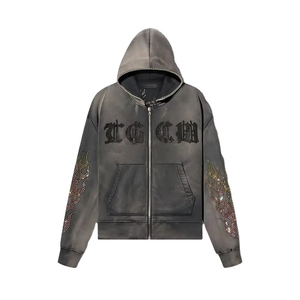 Sweat à capuche balaclava zippé intégral en molleton bouclette double couche, délavé à l'acide, avec logo brodé - Product Image 1