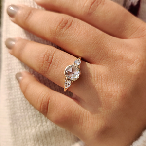 Vintage Oval Rose Cut Diamond Engagement <b>Ring</b> 14K Yellow <b>Gold</b> Bezel <b>Set</b> Three Stone Pear Side Diamond <b>Ring</b> for Women - Product Image 3