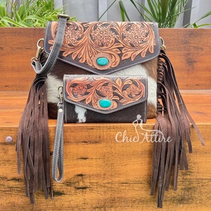 Vente chaude de haute qualité Durable usiné à la main en cuir de vachette véritable sac à main et pochette ensemble en gros 2 pièces Combo pour les femmes - Product Image 1