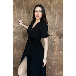 <b>Black</b> <b>Wrap</b> Collar Muslin Linen Dress - <b>Black</b> - Product Image 3