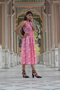 Vestido Midi de Verano Estampado a Mano con Bloques, Diseño Floral de Algodón, Característica Sostenible para Otoño - Product Image 2