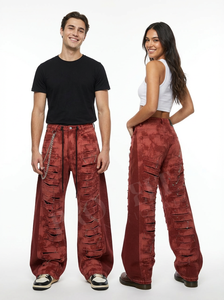 Pantalones Vaqueros Cargo Casuales de Moda, Estilo Desgastado, Pierna Ancha, Estilo Urbano, Rotos, con Detalle de Cadena, Estilo Vintage, Talla Grande - Product Image 2