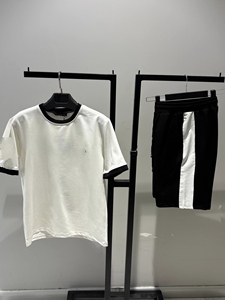 Men's Black T-Shirt Terry Jogger Set Crew Neck Short Sleeve Solid Color Casual Summer Eco-Friendly White Trim Drawstring Waist - Product Image 5