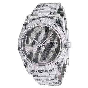 Montre de luxe sportive résistante à l'eau, analogique, en acier inoxydable, avec bracelet en cuir et acier inoxydable serti de diamants Moissanite - Product Image 3