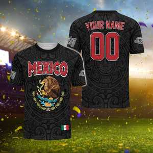 Camiseta de Fútbol 3D Unisex de México con Nombre y Número Personalizados, Diseño de Águila y Patrón Azteca para Aficionados - Product Image 1