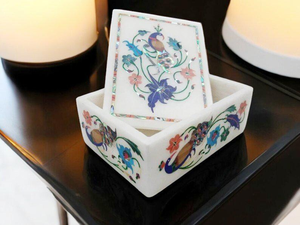 Boîte à bijoux rectangulaire en marbre blanc incrusté, organisateur de bibelots en pierre fait à la main - Product Image 3