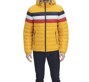 Men's <b>Yellow</b> Hooded <b>Puffer</b> <b>Jacket</b> Color Blocking Windproof Casual Winter Wear Zipper Closure 100 Polyester Filling - Product Image 5