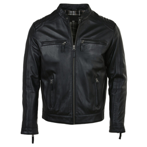 Chaqueta de motorista de cuero de vaca para hombre, chaqueta clásica elástica con cuello vuelto y botones, chaqueta forrada de microfibra para hombre - Product Image 1