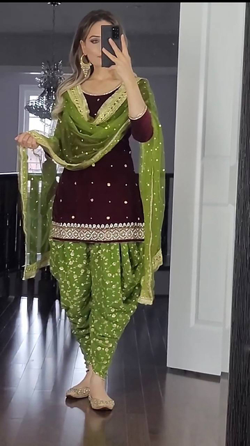 slim fit dress slacks Women's Lime Green Dhoti With Ajrakh Print Top main image 0