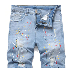 Men's High Waisted Distressed Long Jeans Color Printed Ripped Details Trendy Summer Casual <b>Fashion</b> for Youth men's shorts - Product Image 1