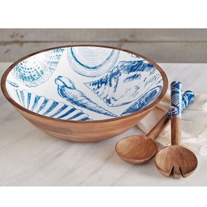 Ensaladera de madera decorativa de esmalte hecha a mano de dos colores, cuenco de madera de mango de diseño impreso personalizable para uso multiusos - Product Image 4