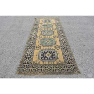 Classic <b>Boho</b> Yellow Blue Wool <b>Rug</b> 4.4 X 11.1ft Turkish Style Patchwork Rectangle for Living Room Entryway Teen's Hallway Latex - Product Image 1