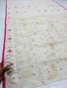 Nouveau blanc à la mode Deshi Dhakai Jamdani Sharee qualité d'exportation pour les femmes JAMDANI TISSU bleu vert doré bleu ciel du Bangladesh - Product Image 5