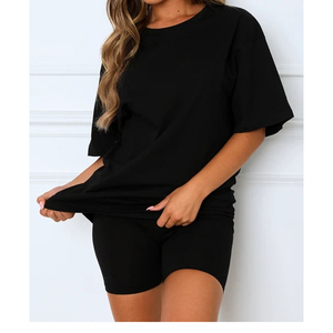 เซ็ตสองชิ้นลูกไม้หวานเป็นมิตรต่อสิ่งแวดล้อมสำหรับฤดูร้อนชุดเสื้อเอวลอยเลานจ์ของผู้หญิงพร้อมเสื้อยืดโลโก้ตามสั่งและกางเกงขาสั้น - Product Image 2