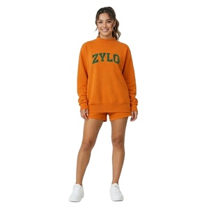 Professional Women Casual Solid Mockneck Streetwear Fleece Eco-Friendly Loose Fit Long Sleeve Sweatshirt Knee Shorts Set Women - Product Image 1