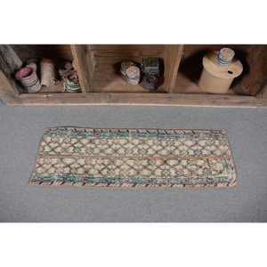 Classique Beige Bleu 1.2x 3.7ft Tapis En Laine À La Main Vintage Conception Turque Patchwork Forme pour Salon Couloir Latex - Product Image 4