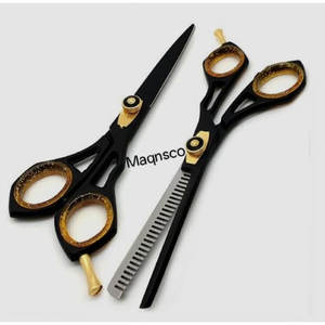 Ensemble de ciseaux professionnels pour couper les cheveux, noir et or, ciseaux de barbier + ciseaux à effiler, acier inoxydable - Product Image 1