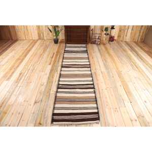 Vintage Runner Rug 2.8x11.6 ft, Turkish Kilim <b>Brown</b> Moroccan <b>Wool</b> Rug - Product Image 1