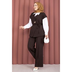 Conjunto de Pantalones y Chaleco de Tweed Color Café para Mujer, Estilo Blazer de Crepé de Dos Piezas con Botones Dorados y Cinturón, Corte Holgado - Product Image 4