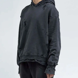 High Quality Distressed Embroidery Hoodie Custom Design Cotton Made Men Acid Washed Vintage Distressed Hoodie - Product Image 2