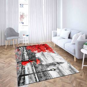 Tapis à feuilles rouges, Tapis de salon, Tapis paysager, Tapis avec peinture d'un couple sous un parapluie rouge, Tapis à poils doux - Product Image 2