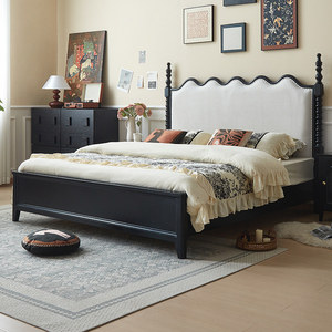 Traditional <b>Platform</b> <b>Bed</b> Queen Size Solid Wood <b>Frame</b> Soft Upholstered Headboard Black Finish - Product Image 3