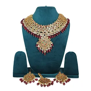 Conjunto de collar nupcial Meenakari Kundan con cuentas blancas, chapado en oro, joyería fina color granate para bodas - Product Image 4