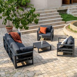 Ensemble <span class=keywords><strong>de</strong></span> salon <span class=keywords><strong>de</strong></span> jardin en aluminium 6 pièces pour <span class=keywords><strong>extérieur</strong></span>, canapé modulable pour hôtel et patio avec table basse - Product Image 1
