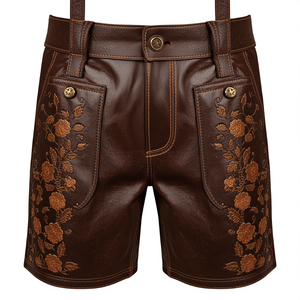 Pantalones Cortos Bávaros Marrón Oscuro Premium de Cuero Genuino, Pantalones Cortos Bordados para Oktoberfest, Fabricación Personalizada OEM - Product Image 4