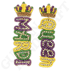 Pendientes de cuentas de ala de Mardi Gras, joyería de declaración púrpura, verde y dorada festiva para celebraciones de carnaval y desfiles para niñas - Product Image 4