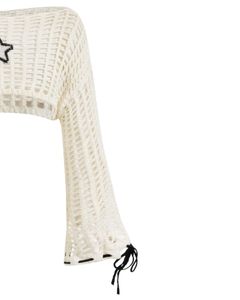 <b>White</b> Crochet Knit Crop Sweater <b>Women</b> Star Embroidery Open Weave Flare Sleeve Lace Up Cuff Fashion Top Boho Summer Streetwear - Product Image 6