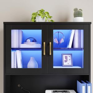 Meuble de bureau moderne en bois noir avec éclairage LED, portes vitrées, tiroir de classement latéral, bibliothèque et support d'imprimante - Product Image 4