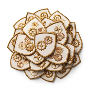 Custom Patch Direct Supplier Shield <b>Steampunk</b> Mechanical Cogs Gears Badge Off White Twill Gold Border Iron On Applique - Product Image 1