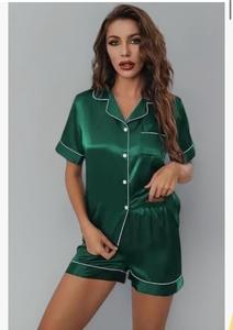 Conjunto de traje de noche relajado con cuello en V de satén tejido para mujer, ropa de dormir Floral, pijama de seda con cordón, pantalones cortos lisos/lisos - Product Image 6