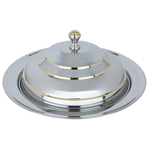 Plateau de service en acier inoxydable gravé avec couvercle en forme de dôme Plat de buffet en argent pour banquets Hôtels Service de nourriture et décor de table - Product Image 2