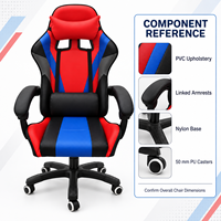 Chaise de jeu moderne en PVC rouge, bleu et noir avec accoudoirs reliés, deux coussins et fonction inclinable pour bureaux à domicile, salles d'étude et salles de jeu
