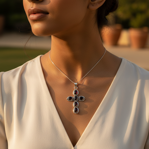Collier en argent 925 avec pendentif en forme de croix, plaqué rhodium, grenat, perle d'eau douce, forme géométrique, tendance, bijoux en zircon pour femmes - Product Image 3