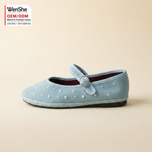 <span class=keywords><strong>Scarpe</strong></span> Mary Jane in Velluto Azzurro Perlato Personalizzate ODM, Basso MOQ, <span class=keywords><strong>Ballerine</strong></span> Morbide in Velluto per Sposa, <span class=keywords><strong>Scarpe</strong></span> Comode da Cerimonia per Ragazze - Product Image 1