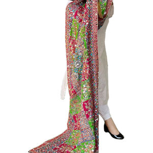 New Season <b>Women's</b> Handmade Ethnic Silk Long Dupatta with Colorful Floral Threadwork Mirror Pieces and Kaudi Shells Goodshopping - Product Image 1