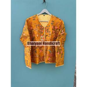 Chaqueta acolchada de estilo Vintage hecha a mano india, tela de lona de algodón con diseño Floral grande amarillo único para otoño, precio más bajo - Product Image 1