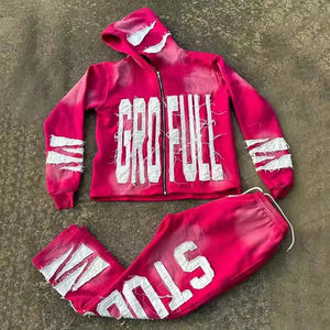 OEM Custom Distressed Embroidery Patch Men's Acid Washed Tracksuit Cropped <b>Zip</b> <b>up</b> <b>Hoodie</b> and Sweatpants Set for Winter - Product Image 2