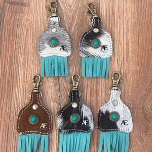 Porte-clés en cuir de vachette fait main porte-clés en cuir de forme exotique mignon porte-clés en cuir de vachette turquoise à franges pour unisexe - Product Image 1