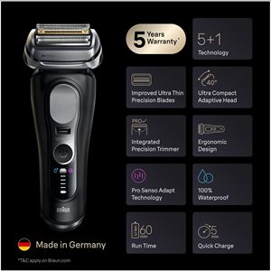 Afeitadora Eléctrica Recargable para Hombre con Cinco Cuchillas Finas, Afeitado en Seco y Húmedo, 60 Minutos de Autonomía, Base de Carga, IPX7, Color Negro - Product Image 2