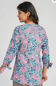 Modern Cotton Blue Women's Kurti Short Top Front Pleated <b>Detailing</b> Summer Block Print Design <b>Quick</b> Dry Sun Protection Regular - Product Image 4