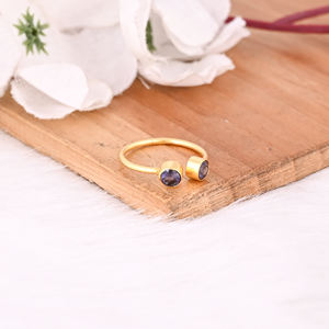 Solid 925 Sterling <b>Silver</b> Yellow Gold <b>Plated</b> Natural Iolite Gemstone Adjustable Handmade Designer Gift Women's Jewelry - Product Image 5