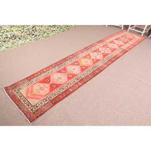 2.4x12.6 ft Turkish Rug, Vintage <b>Runner</b> Rug, <b>Red</b> White Geometric Wool Rug - Product Image 2