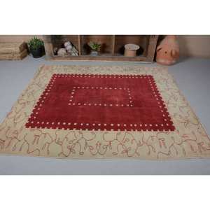 Alfombra de pelo medio ecológica turca Vintage moderna alfombra de lana de área rectangular de diseño de retazos rojo Beige de 5,6x6,7 pies - Product Image 3