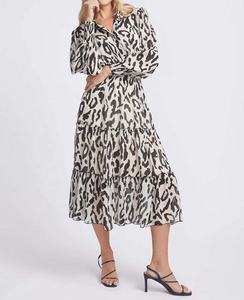 Vestido Casual Americano OEM 2023, Estilo Línea A, con Volantes, Cuello Alto, Botones al Frente, Mangas Largas, Estampado Animal, Tallas Grandes - Product Image 1